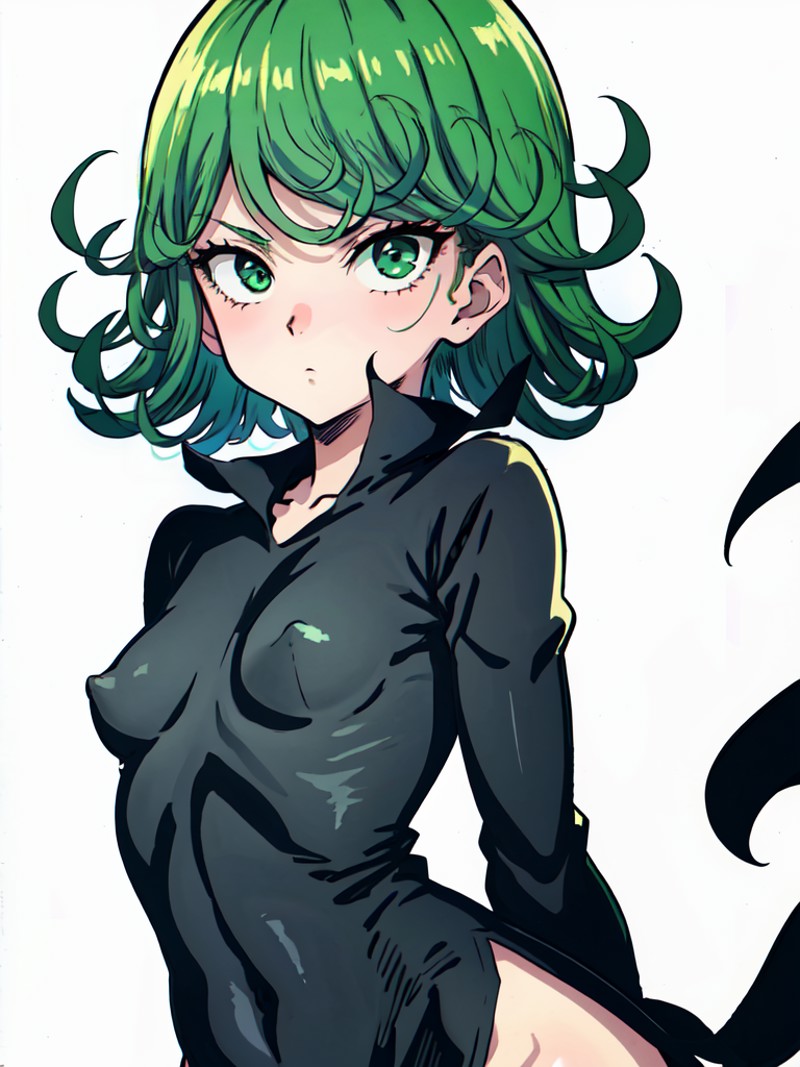 1girl, solo, tatsumaki, short hair, looking at viewer, black dress, small breasts, wide hips, simple background, <lora:tat...